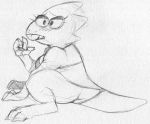  alphys anthro blush bra breasts buckteeth claws clothed clothing eyewear female glasses looking_at_viewer low_res non-mammal_breasts open_mouth panties reptile sbshouseofpancakes scalie sitting solo teeth thick_tail undertale underwear video_games 
