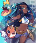  1girl armlet belly_chain blue_eyeshadow breasts dark_skin earrings eyeliner eyeshadow gloves gym_leader hair_bun hair_ornament highres holding holding_poke_ball hoop_earrings jewelry long_hair makeup multicolored_hair nou partly_fingerless_gloves poke_ball poke_ball_(generic) pokemon pokemon_(game) pokemon_swsh rurina_(pokemon) single_glove sportswear swimsuit tankini two-tone_hair 