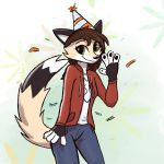  2019 abstract_background anthro birthday_hat black_nose bottomwear brown_hair canid canine clothed clothing dipstick_tail enginetrap fox fully_clothed fur gesture green_eyes hair jacket looking_at_viewer mammal multicolored_tail pants shirt smile solo standing t-shirt tan_body tan_fur topwear waving white_body white_fur 