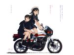  2girls akagi_(kantai_collection) anchor anchor_symbol bangs black_footwear black_serafuku brown_eyes brown_hair closed_mouth ground_vehicle hair_ribbon hat highres kaga_(kantai_collection) kantai_collection kokudou_juunigou leaning_on_person loafers long_hair motor_vehicle motorcycle multiple_girls open_mouth pleated_skirt ponytail ribbon sailor_collar sailor_hat school_uniform serafuku shadow shoes short_sleeves side_ponytail simple_background sitting skirt socks translation_request white_headwear younger 