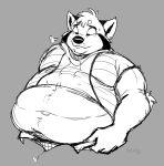  ailurid anthro belly blush bodily_fluids breath button_pop chubby_cheeks clothed clothing fur greyscale huff male mammal monochrome navel obese obese_male overweight overweight_male red_panda solo squeakcore sweat sweatdrop 