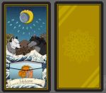  2019 absurd_res arthropod canid card couple_(disambiguation) crustacean decapoda detailed_background digital_media_(artwork) fortune_telling fur hair hi_res invalid_tag la_lune(tarot) lobster lupelongo malacostracan male mammal marine moon outside ruins sky smile standing tank tarot tarot_card tower vehicle water white_body white_fur 