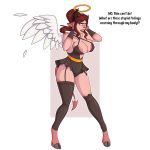  1:1 2019 absurd_res alpha_channel angel astrith_(unidentified-tf) breasts brown_hair choker demon dialogue feathered_wings feathers female hair halo hi_res hooves horn humanoid jewelry necklace nipple_outline open_mouth rubber simple_background solo spade_tail standing transformation transparent_background unidentified-tf wings 