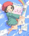  1girl adeleine barefoot blush_stickers brown_hair cloud collared_shirt commentary_request hat holding holding_paintbrush kirby kirby_(series) maxim_tomato miniskirt one_eye_closed oosuzu_aoi outstretched_arm paintbrush painting palette paper rainbow red_headwear shadow shirt short_hair skirt sky smile solo_focus teeth thighs waddle_dee 