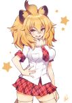  1girl animal_ears blonde_hair blush commentary_request cowboy_shot eyebrows_visible_through_hair fang fur_collar hand_on_hip hatagaya kemono_friends lion_(kemono_friends) lion_ears lion_girl lion_tail necktie open_mouth plaid plaid_neckwear plaid_skirt plaid_trim pleated_skirt shirt short_hair short_sleeves skirt solo t-shirt tail thighhighs white_legwear white_shirt zettai_ryouiki 