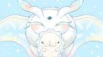  black_eyes blue_background bug closed_eyes frosmoth gen_8_pokemon highres insect moth no_humans pokemon pokemon_(creature) pokemon_(game) pokemon_swsh simple_background siratamairipafe snom snow snowing wings 