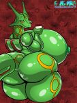 2019 5_fingers absurd_res anthro big_breasts big_butt blush breasts butt curvy_figure eyes_closed female fingers hi_res holding_object huge_breasts hyper hyper_breasts kaithunderstone75 legendary_pok&eacute;mon nintendo nipples nude pattern_background pok&eacute;mon pok&eacute;mon_(species) rayquaza rear_view red_background simple_background smile solo standing thick_thighs video_games voluptuous watermark wide_hips 