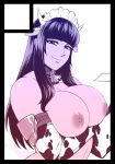  animal_humanoid bell big_breasts bodily_fluids bovid bovid_humanoid bovine bovine_humanoid breasts cattle_humanoid clothed clothing collar cowgirl_(disambiguation) curvy_figure doctorzexxck female hair holding_breast horn humanoid lactating looking_at_viewer mammal mammal_humanoid not_furry purple_hair simple_background smile solo topless voluptuous white_background 