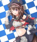  1girl ;d arm_up azur_lane bangs beret black_legwear black_skirt blush breasts brown_hair checkered checkered_background commentary_request core1013 cowboy_shot dutch_angle eyebrows_visible_through_hair gloves grey_shirt hair_ribbon hairband hat highres iron_cross long_hair long_sleeves looking_at_viewer medium_breasts midriff navel one_eye_closed open_mouth pantyhose pink_headwear pleated_skirt purple_eyes ribbon sailor_collar shadow shirt shoulder_cutout sideboob sidelocks skirt sleeveless sleeveless_shirt smile solo step_and_repeat twitter_username two_side_up upper_teeth v white_gloves z35_(azur_lane) 