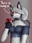  2019 absurd_res anthro canid canid_demon canine canis clothed clothing demon female fur grey_body grey_fur hair hellhound helluva_boss hi_res light lighting loona_(vivzmind) mammal red_sclera saucycorner shadow simple_background text white_body white_fur wolf 