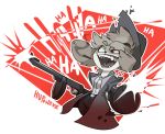  2019 animal_crossing anthro canid canine canis cigarette clothing domestic_dog female floppy_ears fur gun hat headgear headwear hi_res holding_gun holding_object holding_weapon huffslove isabelle_(animal_crossing) laugh mafia mammal nintendo open_mouth ranged_weapon red_eyes signature smoke solo submachine_gun teeth thompson_gun tongue video_games weapon 