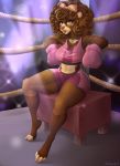  2019 4_toes anthro breasts brown_body brown_fur brown_hair clothed clothing colored_nails curled_hair detailed_background eyebrows eyelashes female fighting_ring fur glitter hair mammal midriff nails navel orange_eyes p-v-s pink_nails sitting solo thin_waist toes ursid wide_hips 
