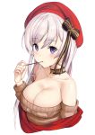  1girl absurdres azur_lane bangs bare_shoulders belfast_(azur_lane) belfast_(shopping_with_the_head_maid)_(azur_lane) black_bow blush bow breasts brown_sweater choker cleavage collarbone earrings eyebrows_visible_through_hair food hair_between_eyes hair_bow hand_up highres holding holding_food hoop_earrings jewelry large_breasts long_hair long_sleeves looking_at_viewer off-shoulder_sweater off_shoulder okappa_(bobbed001) pocky purple_eyes red_headwear shawl silver_hair simple_background solo sweater upper_body white_background 