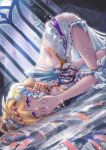  1girl absurdres angruoxin blonde_hair detached_sleeves diadem flower gauntlets granblue_fantasy hair_intakes hair_ornament highres huge_filesize jeanne_d&#039;arc_(granblue_fantasy) long_hair nightgown partially_submerged purple_eyes see-through shooting_star solo top-down_bottom-up white_flower window 