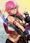  1girl armlet asymmetrical_clothes blurry cape depth_of_field elbow_gloves final_fantasy final_fantasy_xiii fingerless_gloves gloves gunblade hankuri lightning_farron looking_at_viewer medium_hair pink_hair serious shoulder_armor solo upper_body weapon 
