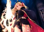  1girl ass_visible_through_thighs bangs black_leotard black_nails blonde_hair bow breasts cage cape commentary_request earrings ereshkigal_(fate/grand_order) fate/grand_order fate_(series) from_below fur-trimmed_cape fur_trim glowing glowing_weapon hair_bow hand_on_hip highres holding holding_weapon jewelry leotard light_particles long_hair meslamtaea_(weapon) nail_polish open_mouth parted_bangs pink_eyes red_bow red_cape revision small_breasts solo tassel tiara toromera two_side_up v-shaped_eyebrows very_long_hair weapon 