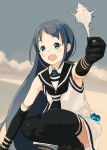  1girl :d bangs bare_shoulders black_footwear black_gloves black_legwear black_neckwear black_sailor_collar blue_eyes blue_hair blue_sky blush cloud day dress elbow_gloves eyebrows_visible_through_hair gloves highres holding kantai_collection kokudou_juunigou long_hair looking_at_viewer neckerchief open_mouth outdoors sailor_collar sailor_dress samidare_(kantai_collection) seashell shell sky sleeveless sleeveless_dress smile solo squatting thighhighs very_long_hair white_dress 