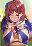  1girl absurdres andouyu ariadoa_(kono_yuusha_ga_ore_tueee_kuse_ni_shinchou_sugiru) bangs bar_censor blue_choker blue_dress blush breasts brown_eyes brown_hair censored choker cleavage closed_mouth covered_nipples criss-cross_halter cup dress erection eyebrows_visible_through_hair from_above hair_ornament halter_dress halterneck hands_on_own_chest highres huge_breasts kono_yuusha_ga_ore_tueee_kuse_ni_shinchou_sugiru long_sleeves looking_at_viewer male_pubic_hair paizuri_invitation parted_bangs penis pubic_hair puffy_nipples revealing_clothes short_hair sitting smile tea teacup 