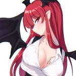  1girl bangs bat_wings black_vest black_wings blush breast_hold breast_tattoo breasts busujima_funya collared_shirt commentary crossed_arms demon_girl demon_wings eyebrows_visible_through_hair half-closed_eyes head_tilt head_wings koakuma large_breasts leaning_to_the_side long_hair long_sleeves looking_at_viewer low_wings red_eyes red_hair shirt simple_background solo succubus tattoo touhou twitter_username upper_body vest white_background white_shirt wings 