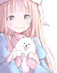  1girl animal backlighting bangs blue_eyes closed_mouth collarbone dog dot_nose fang fluffy hands_up hat holding holding_animal juliet_sleeves long_hair long_sleeves looking_at_viewer original pomeranian_(dog) puffy_sleeves simple_background skin_fang smile solo tareme upper_body white_background white_dog yoshinogai 