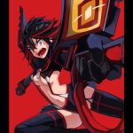  1girl black_hair breasts fangs grey_eyes highres holding holding_weapon kill_la_kill matoi_ryuuko multicolored_hair navel open_mouth red_hair revealing_clothes scissor_blade senketsu short_hair simple_background solo streaked_hair suspenders thighhighs two-tone_hair underboob weapon window1228 