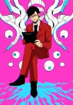  1boy 55_yamisan black_hair black_neckwear crossed_legs drugs evil_eyes evil_grin evil_smile eyeball formal glasses grin guro hagiwara56 katana_zero monster necktie notepad psychiatrist_(katana_zero) red_suit shoes short_hair smile solo suit syringe teeth tentacles writing 