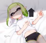  1girl bangs bed_sheet black_shorts blunt_bangs busujima_funya cellphone closed_eyes commentary domino_mask from_above green_hair gym_shorts highres inkling lying mask medium_hair midriff navel on_back on_bed phone pointy_ears shirt short_shorts short_sleeves shorts sleeping smartphone solo splatoon_(series) splatoon_2 t-shirt tentacle_hair twitter_username white_shirt 