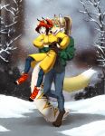  2019 4_toes 5_fingers anthro barefoot canid canine clothed clothing day detailed_background digital_media_(artwork) domestic_cat felid feline felis fingers fox hug mammal outside rayley standing toes 
