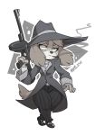  2019 animal_crossing anthro canid canine canis cigarette clothing domestic_dog female floppy_ears footwear fur green_eyes gun hat headgear headwear holding_gun holding_object holding_weapon huffslove isabelle_(animal_crossing) mafia mammal nintendo ranged_weapon signature smoking solo submachine_gun thompson_gun video_games weapon 