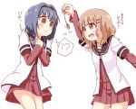  !? 2girls :d @_@ bangs blonde_hair blue_hair braid brown_eyes coin collarbone eyebrows_visible_through_hair fang furutani_himawari hair_intakes hair_ornament hairband hairclip hypnosis long_sleeves mind_control multiple_girls nanamori_school_uniform oomuro_sakurako open_mouth pontasu school_uniform serafuku short_over_long_sleeves short_sleeves simple_background smile string thighs thought_bubble translation_request twin_braids white_background worried yuru_yuri 