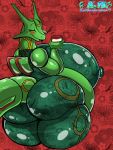  2019 5_fingers absurd_res anthro belly big_belly big_breasts big_butt blush breasts butt clothed clothing curvy_figure eyes_closed female fingers fully_clothed hi_res kaithunderstone75 legendary_pok&eacute;mon nintendo nipple_outline pattern_background pok&eacute;mon pok&eacute;mon_(species) pregnant rayquaza rear_view red_background simple_background smile solo standing thick_thighs video_games voluptuous watermark wide_hips 