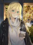  1girl :o bangs black_jacket blonde_hair blurry blurry_background blush breasts breathing coffee_cup cold cup disposable_cup earrings green_eyes grey_sweater hair_between_eyes holding holding_cup isegawa_yasutaka jacket jacket_on_shoulders jewelry long_hair looking_at_viewer medium_breasts orange_nails original revision sidelocks solo standing sweater sweater_vest turtleneck turtleneck_sweater 