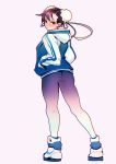  1girl ass brown_eyes brown_hair bun_cover casual chun-li double_bun flat_ass from_behind full_body hands_in_pockets hiroshi_(hiroshixhiss) hood hood_down hoodie looking_back nike pants shoes short_hair simple_background sneakers solo street_fighter tight tight_pants 