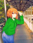  1girl bridge brown_hair city holiday indonesia jacket looking_at_viewer original pixiv_red realistic red_eyes scenery short_hair smile solo souji296 sunset uniform waiting 