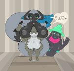  &lt;3 anthro areola blue_body blue_eyes blue_fur blush bodily_fluids bovid breasts canid canine caprine collarbone crossgender deltarune devilbluedragon english_text eyewear fish front_view fur fur_tuft glasses green_eyes grey_areola grey_body grey_fur grey_nipples hi_res looking_at_viewer mammal marine multicolored_body multicolored_fur multicolored_tail nipples pink_scarf ralsei saliva shark short_stack shoulder_tuft speech_bubble text tongue tongue_out tuft video_games wide_hips 