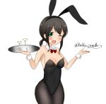  1girl absurdres alternate_costume animal_ears black_hair black_legwear black_leotard bow bowtie breasts bunny_ears bunnysuit cowboy_shot cup detached_collar drinking_glass fishnet_legwear fishnets fubuki_(kantai_collection) green_eyes highres kantai_collection kiyu_fuyuki leotard looking_at_viewer low_ponytail one_eye_closed pantyhose ponytail red_neckwear short_hair short_ponytail sidelocks simple_background small_breasts solo strapless strapless_leotard tray twitter_username white_background wine_glass wrist_cuffs 