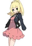  1girl black_jacket blonde_hair closed_mouth cosplay dress green_eyes highres jacket lillie_(pokemon) long_hair long_sleeves mary_(pokemon) mary_(pokemon)_(cosplay) melon_syrup pink_dress pokemon pokemon_(game) pokemon_sm pokemon_swsh ponytail simple_background smile solo white_background 