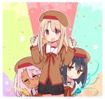  3girls :d beret black_hair black_skirt blush bow brown_eyes brown_headwear brown_shirt chloe_von_einzbern closed_mouth commentary_request confetti cowboy_shot dark_skin fate/kaleid_liner_prisma_illya fate_(series) hands_up hat homurahara_academy_uniform illyasviel_von_einzbern light_brown_hair long_hair long_sleeves miyu_edelfelt multiple_girls open_mouth parted_lips party_popper pink_hair pleated_skirt red_bow red_eyes school_uniform shirt skirt smile star streamers yoru_nai 