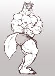  2018 5_fingers anthro big_bulge big_muscles black_and_white bottomwear bulge canid canine canis claws clothed clothing eyewear fingers flexing glasses hair huge_muscles male mammal monochrome muscular muscular_male nightterror nipples plantigrade senryo shorts smile solo standing topless wolf 