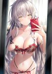  1girl bangs blush bra breasts cellphone cleavage closed_mouth collarbone fate/grand_order fate_(series) female_pov floral_print grey_bra grey_panties highres jeanne_d&#039;arc_(alter)_(fate) jeanne_d&#039;arc_(fate)_(all) large_breasts long_hair looking_at_viewer mirror multi-strapped_panties navel panties phone pov reflection rin_yuu self_shot silver_hair solo strap_slip underwear very_long_hair yellow_eyes 