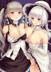  2girls :d azur_lane bangs bare_shoulders between_breasts black_bow black_dress bow breast_grab breasts collarbone commentary_request cowboy_shot culter detached_collar dress elbow_gloves eyebrows_visible_through_hair fingering formidable_(azur_lane) gloves grabbing grey_hair hair_bow highres illustrious_(azur_lane) lace_trim large_breasts long_hair long_sleeves mole mole_under_eye multiple_girls nipples open_mouth petticoat red_eyes self_fondle smile standing strapless strapless_dress twintails white_dress white_gloves white_headwear 