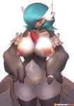  2019 areola blue_hair blush breasts clothed clothing eyelashes female gardevoir girlsay hair hi_res humanoid legwear looking_at_viewer nintendo nipples not_furry patreon pok&eacute;mon pok&eacute;mon_(species) pussy red_eyes shiny_pok&eacute;mon solo squish text thick_thighs thigh_highs thigh_squish url video_games wide_hips 