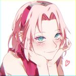  1girl blue_eyes closed_mouth hair_intakes haruno_sakura head_rest headband heart itachi3413 jacket looking_at_viewer naruto_(series) pink_hair portrait red_headband red_jacket short_hair simple_background sleeveless sleeveless_jacket smile solo white_background 