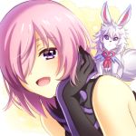  1girl :d animal animal_on_back black_gloves elbow_gloves fate/grand_order fate_(series) fou_(fate/grand_order) gloves hair_over_one_eye hand_in_hair long_hair looking_at_viewer mash_kyrielight open_mouth pink_hair purple_eyes riako sleeveless smile solo 