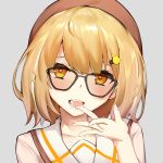 absurdres animare beret blonde_hair blush collarbone glasses grey_background hair_between_eyes hair_ornament hairclip hat heart heart-shaped_pupils highres inaba_haneru_(animare) looking_at_viewer open_mouth portrait school_uniform short_hair simple_background suggestive_fluid symbol-shaped_pupils virtual_youtuber yellow_eyes 