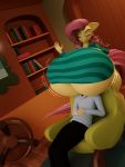  2019 3d_(artwork) anthro between_breasts big_breasts blender_(software) breast_smothering breasts chair clothing digital_media_(artwork) equid equine fan_character fluttershy_(mlp) friendship_is_magic furniture head_between_breasts hi_res horse huge_breasts jiggle mammal my_little_pony pony smothering sparkbox sweater topwear under_boob 
