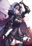  1girl ahoge armor armored_dress bangs black_armor black_cape black_dress black_legwear breasts cape chain dress fate/grand_order fate_(series) flag fur-trimmed_cape fur_collar fur_trim gauntlets grin hair_between_eyes headpiece heirou jeanne_d&#039;arc_(alter)_(fate) jeanne_d&#039;arc_(fate)_(all) large_breasts looking_at_viewer plackart short_hair silver_hair simple_background smile solo sword thighhighs weapon white_background yellow_eyes 