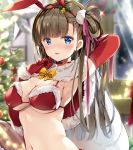  1girl animal_ears arm_behind_head arm_up armpits bikini blue_eyes blurry blush bokeh bow breasts brown_hair bunny_ears capelet choker christmas christmas_tree cleavage depth_of_field elbow_gloves fake_animal_ears fur_collar fur_trim gloves hair_ornament hair_ribbon hairband hand_up long_hair looking_at_viewer medium_breasts natsume_eri navel original parted_lips red_bikini red_gloves ribbon santa_bikini solo stomach swimsuit upper_body yellow_bow 