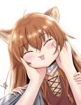  1girl ahoge animal_ear_fluff animal_ears brown_hair closed_eyes collar eyebrows_visible_through_hair flat_chest head_in_hand long_hair metal_collar pov raccoon_ears raccoon_girl raphtalia ribbed_shirt shield shirt simple_background solo_focus syyn_(syyndev) tate_no_yuusha_no_nariagari white_background younger 