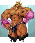  2019 5_fingers abs anthro beard biceps big_bulge big_muscles big_penis blonde_hair blue_eyes bottomwear brown_body brown_fur brown_nipples bulge clothed clothing dress_shirt equid facial_hair fingers fur hair hi_res horn huge_muscles hyper hyper_muscles looking_at_viewer male mammal muscular muscular_arms muscular_male muscular_thighs nipples oldshep pants pants_down partially_clothed pecs penis penis_base pink_penis pubes shirt simple_background solo standing topwear triceps underwear undressing unicorn vein veiny_muscles veiny_penis 